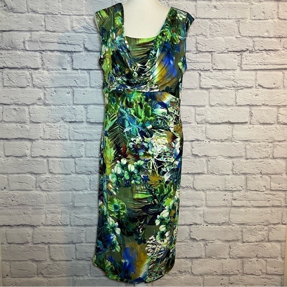 CARRE Noir Sleeveless Abstract Botanical Midi Dress Draped Neckline Size 14 - Picture 2 of 10